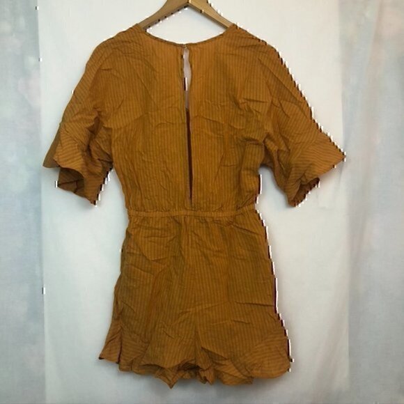 NEW NWT LUSH Solid Mustard Yellow Stripe Cutout Boho Cotton Viscose Romper Small - Picture 8 of 9